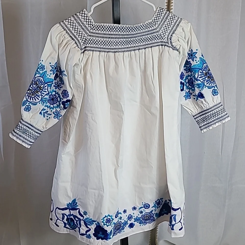 Parker Jace Cotton Poplin Blue Floral Embroidered Smocked Off Shoulder Dress XS - Picture 5 of 5